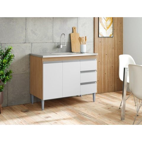 Balcão Gabinete para Pia 100cm sem Tampo 2 Portas 3 Gavetas Andréia Cor Amendoa/branco