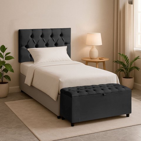 Cabeceira Solteiro Paris Estofada Painel com Recamier Baú 80cm para Cama Box Preto - Arkell
