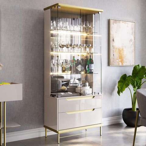 Cristaleira Adhalia Decorativa com Espelho, Iluminação Led, Vidro 4mm, Gavetas Telescópicas Mdf
