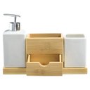 Ver imagem 3 de Jogo Banheiro Lavabo Porcelana Suporte Bambu Gaveta KB-043 PGB 3 Peças Branco