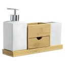 Ver imagem 2 de Jogo Banheiro Lavabo Porcelana Suporte Bambu Gaveta KB-043 PGB 3 Peças Branco