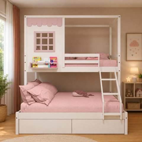 Beliche Infantil Casinha Reta Casal/ Solteiro com 02 Gavetas Madeira Maciça Branco/ Rosa