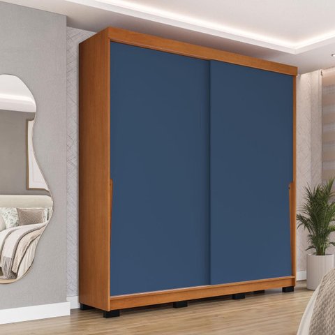 Roupeiro Porto 2 Portas de Correr 2 Gavetas 177x213cm Freijó/Azul 240826