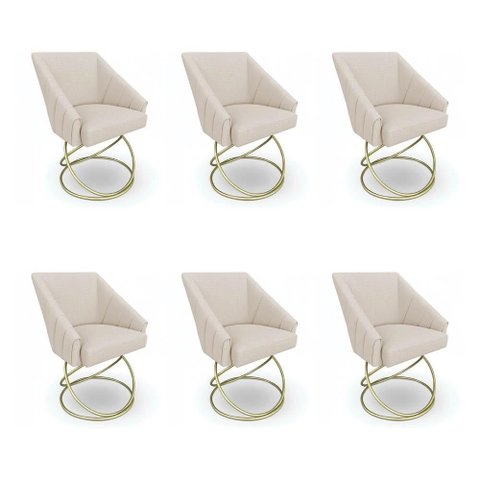Kit 6 Poltronas Luxo Alana Linho Base Luxo Dourado - Pallazio Cor:Bege