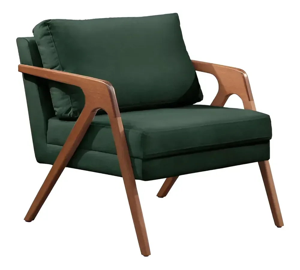 Poltrona Decorativa Mona Luxo Base de Madeira Maciça Sala Recepção Suede Verde Eli Móveis e Decoraçã