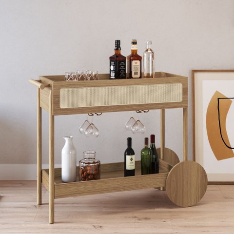 Carrinho Bar 1 Gaveta 112cm C/ Porta Taças Palhinha Pé Madeira Oslo Artesano | Nero - Hanover