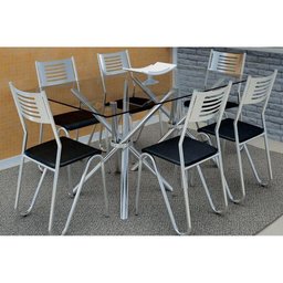 Conjunto: Mesa de Cozinha Volga c/ Tampo Vidro 150cm + 6 Cadeiras Nápoles Cromada/Preto - - 1