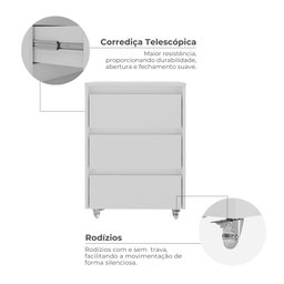 Gaveteiro para Escritório 3 Gavetas com Rodízios Cáli  - 9