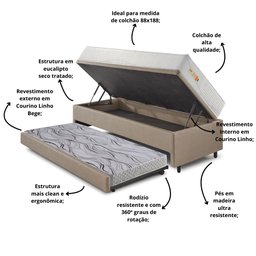 Bicama Box Baú Courino Linho 88x188 com Colchão Ecoline D33 Ecoflex - 6