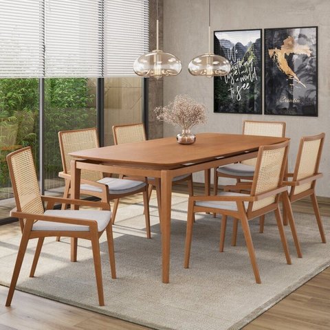 Conjunto Sala de Jantar Madeira Maciça - Mesa 1,60 Laminada 6 Cadeiras Assento Estofado Encosto Tela Marrom/Freijó