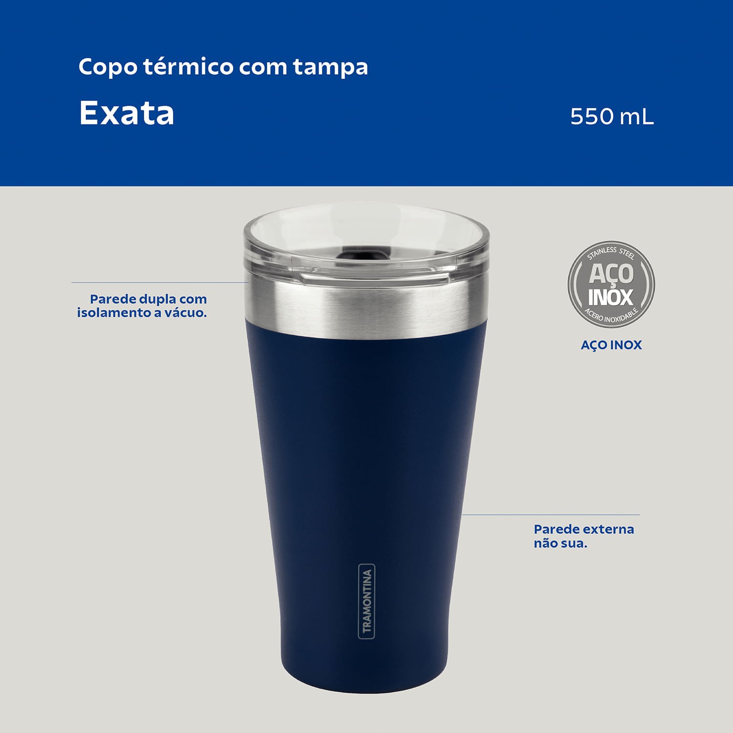 Copo Térmico Exata em Aço Inox Branco com Tampa 550ml - Tramontina - 2