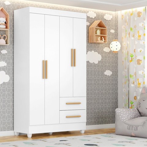Guarda-Roupa para Quarto Infantil 4 Portas e 2 Gavetas com Pés Lite Branco