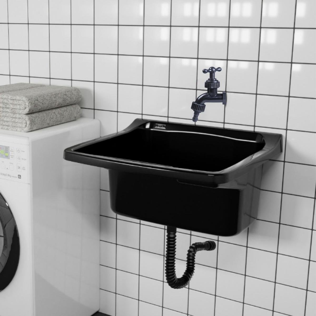 Tanque de Plástico 34l para Lavanderia Preto + Sifão Universal Sanfonado + Fita Veda Rosca + Torneir - 9