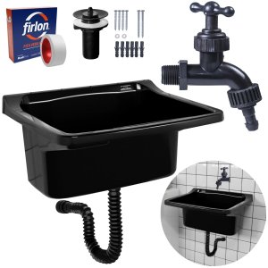 Tanque de Plástico 34l para Lavanderia Preto + Sifão Universal Sanfonado + Fita Veda Rosca + Torneir