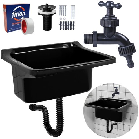 Tanque de Plástico 34l para Lavanderia Preto + Sifão Universal Sanfonado + Fita Veda Rosca + Torneir