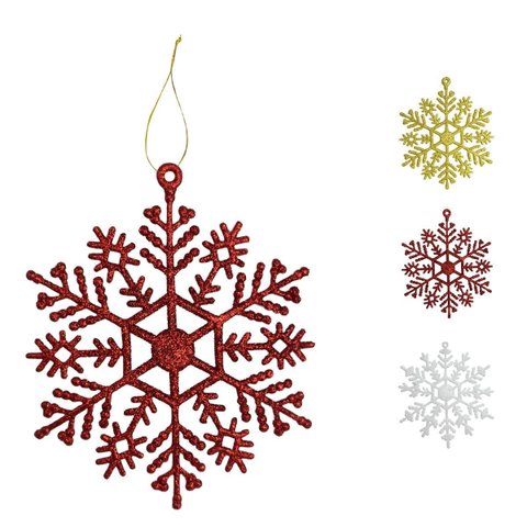 Flocos de Neve Vermelho 10 Pendentes Grande com Glitter Decoração Enfeite Árvore Natal