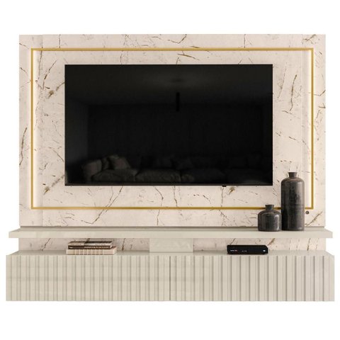 Home Theater Helena para TV 75 Polegadas Suspenso Ripado MDP Off White Calacata LED Casah