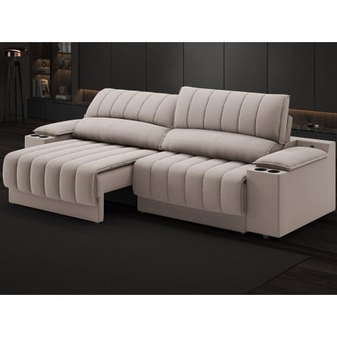 Sofá com Porta Copos Carregador USB Ret Rec Murano 2,50m Velosuede Bege - NETSOFAS
