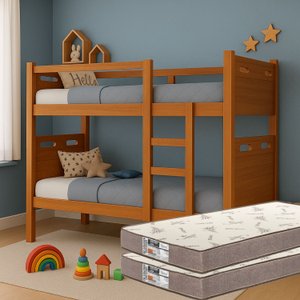 Beliche Adulto ou Infantil com 02 Colchões D33 Escada Segura e Grade de Proteção Completa, Super Res