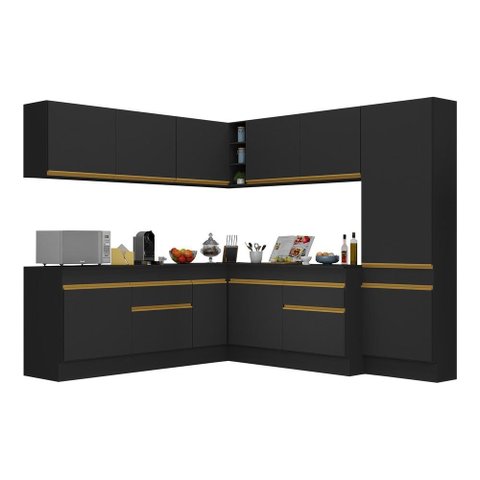 Armário de Cozinha Completa de Canto com Rodapé Veneza Multimóveis V2102 Preto/Dourado