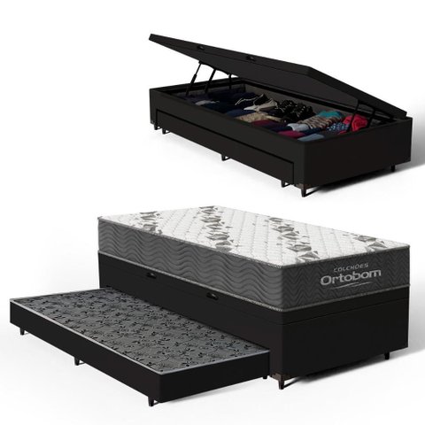 Cama Box Baú com Colchão de Espuma D33 Ortobom Airtech 100 + Auxiliar Unique Solteiro 88cm