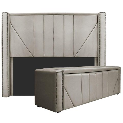Kit Cabeceira E Calçadeira Baú Casal 140cm Linho Bege