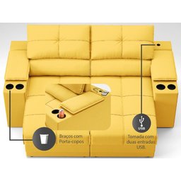 Sofá com Porta Copos e Carregador USB Retrátil e Reclinável Ringo 1,70m Velosuede Canário - - 6
