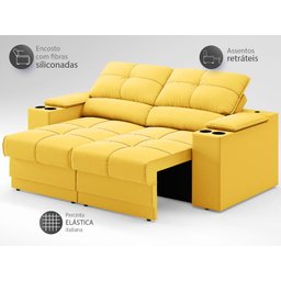 Sofá com Porta Copos e Carregador USB Retrátil e Reclinável Ringo 1,70m Velosuede Canário - - 4