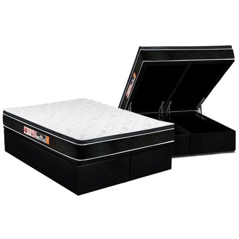 Cama Box Baú Queen: Colchão Espuma D33 Castor Black e White Air Euro Pillow + Base CRC Courano Black