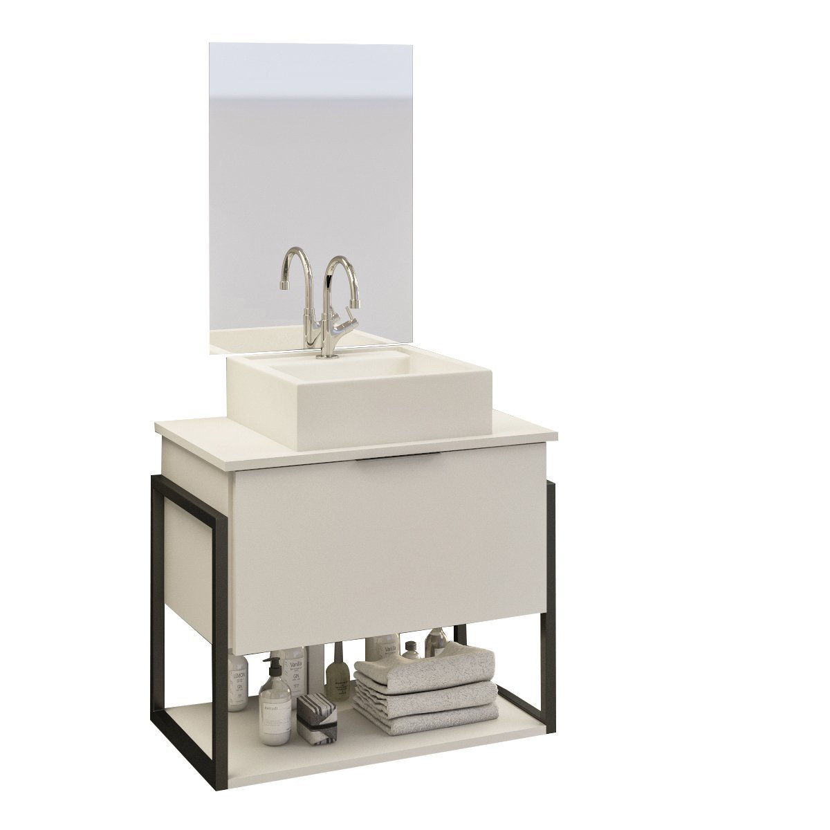 Kit Gabinete Banheiro Completo Industrial Tech 60cm Branco - Cuba Branca - 3