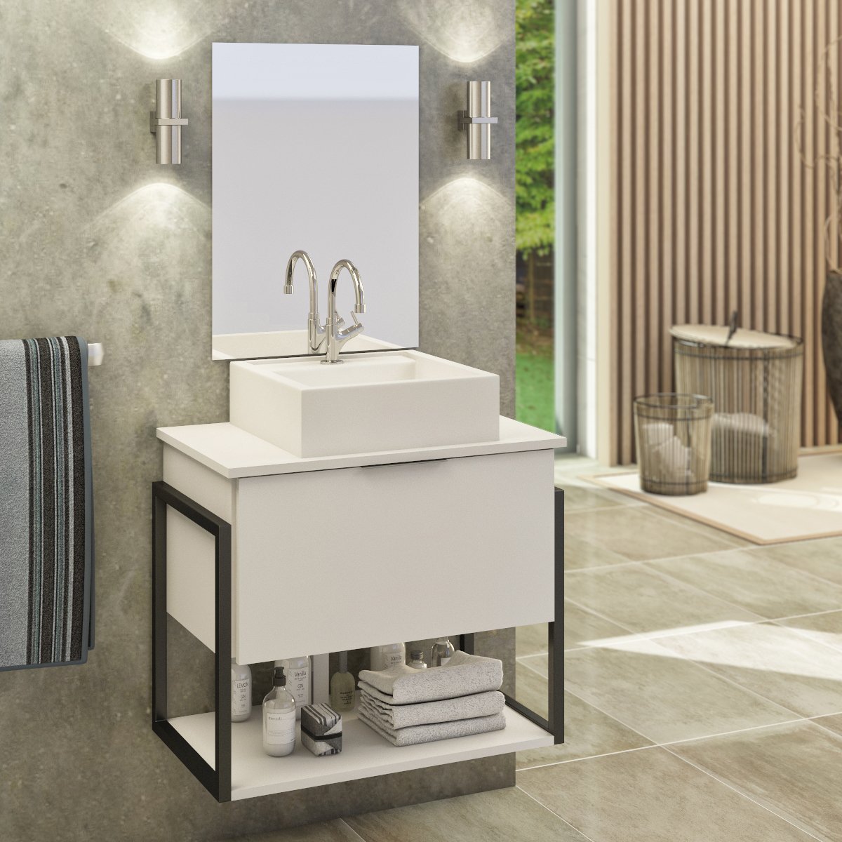 Kit Gabinete Banheiro Completo Industrial Tech 60cm Branco - Cuba Branca