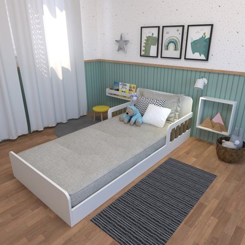 Cama Infantil Montessoriana Solteiro New Cori Branco/Carvalho Mel