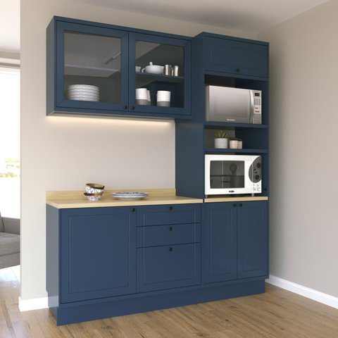 Cozinha Compacta Modulada com Vidro 3 Peças 6 Portas 3 Gavetas Sevilha Azul/Órion/Carvalho Nature