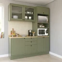 Ver imagem 1 de Cozinha Compacta Modulada 3 Peças com Balcão, Armário Aéreo com Vidro e Torre Quente em MDF Sevilha Verde Hill/Carvalho Nature
