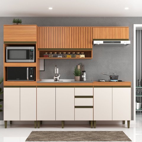 Cozinha Completa Modulada 5 Peças com Torre Quente e Aéreo Ripado Cecília Marrom/Freijó/Off White