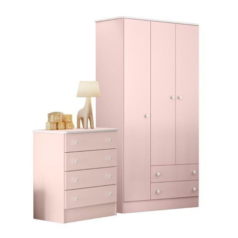 777 - Comoda 4 Gavetas Doce Sonho Rosa Acetinado (777.91) + 2617 - G. Roupa 3pts/2gv Doce Sonho Rosa