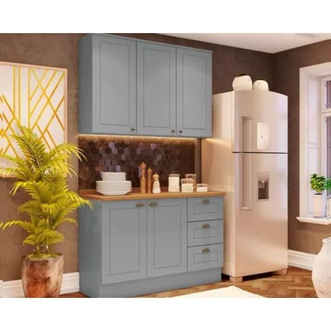 Cozinha Completa Americana CZ121 2 Portas 3 Gavetas MDF 120cm Cinza Móveis Henn