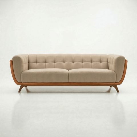Sofá 2 Lugares 180cm Retrô Pés de Madeira Luxo Premium Estofado em Bouclé e Courino Sala e Recepção
