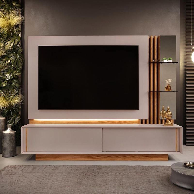 Estante Painel Home 240cm com LED para TV 75 Polegadas Ripado 2 Portas Salone Griz/Carvalho Nobre - 1