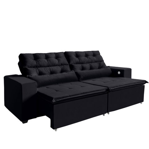 Sofá 4 Lugares América 252cm Preto Retrátil, Reclinável, Tecnologia Carregamento 3 portas USB