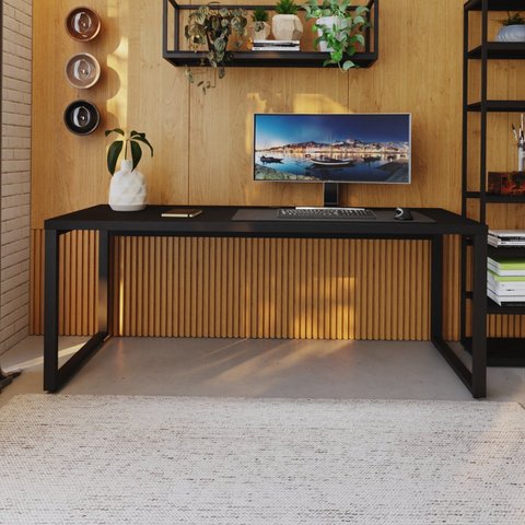 Escrivaninha Mesa Escritório Yon Presidente 190x70x75 190cm Industrial Preto