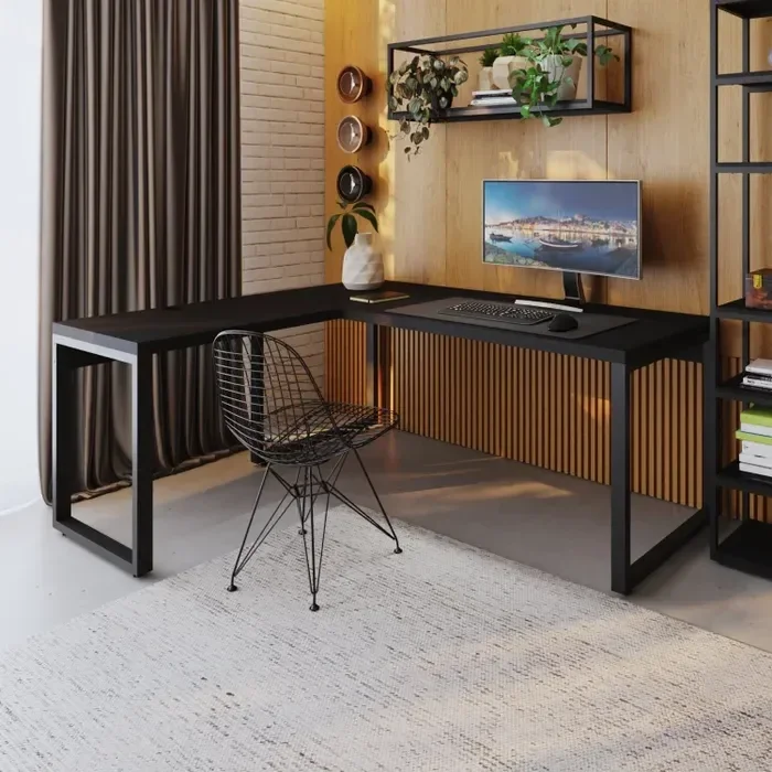 Escrivaninha Mesa Escritório em L Yon Presidente 190x70x75 190cm Industrial Preto - 1