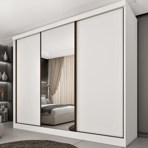 Guarda-Roupa Casal com Espelho 3 Portas de Correr e 6 Gavetas 270cm Multimóveis CR35495 Neve
