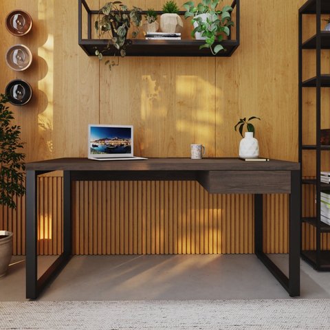 Escrivaninha Mesa Escritório Yon Diretor com 150x70x75 1 Gaveta 150cm Industrial Terracota e Preto Marrom