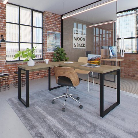 Escrivaninha Mesa Escritório em L Yon Diretor 150x70x75 150cm Industrial Vermont e Preto Marrom