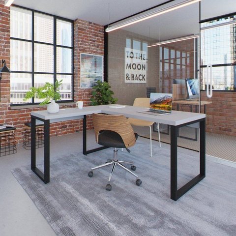 Escrivaninha Mesa Escritório em L Yon Diretor 150x70x75 150cm Industrial Branco e Preto