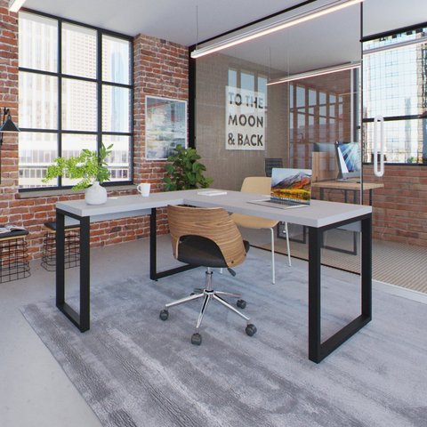 Escrivaninha Mesa Escritório em L Yon Diretor 150x70x75 150cm Industrial Branco e Preto