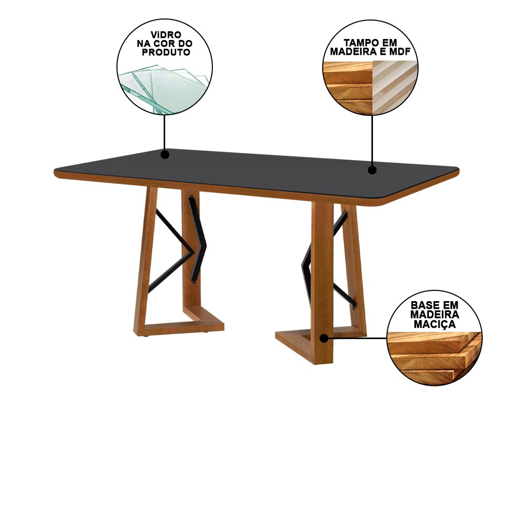 Mesa de Jantar Jamili 160x90 Linha Wood e Tampo Preto Base em Madeira Maciça - 2