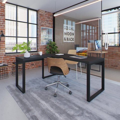 Escrivaninha Mesa Escritório em L Yon Diretor 150x70x75 150cm Industrial Preto