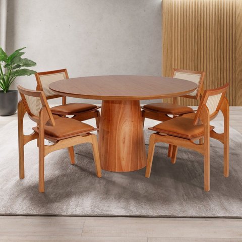 Conjunto Mesa com 4 Cadeiras de Madeira Maciça Rattan Natural e Estofada Daren Espresso Móveis